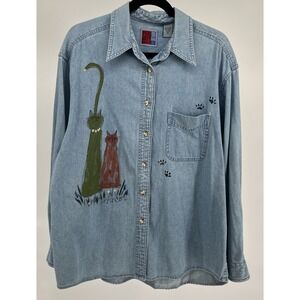Vtg Women Denim Shirt XL Cats Kitties Handpainted Signed Grannycore  Artsy Boho
